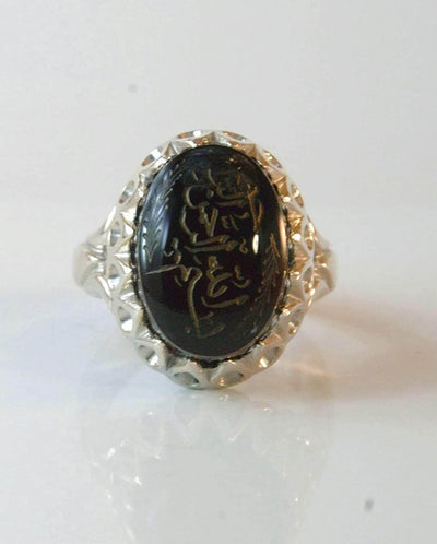 Engraved black jazaa onyx aqeeq stone ring for men | AlAliGems | Genuine Yemeni Aqeeq Ring Size 10 - Al Ali Gems