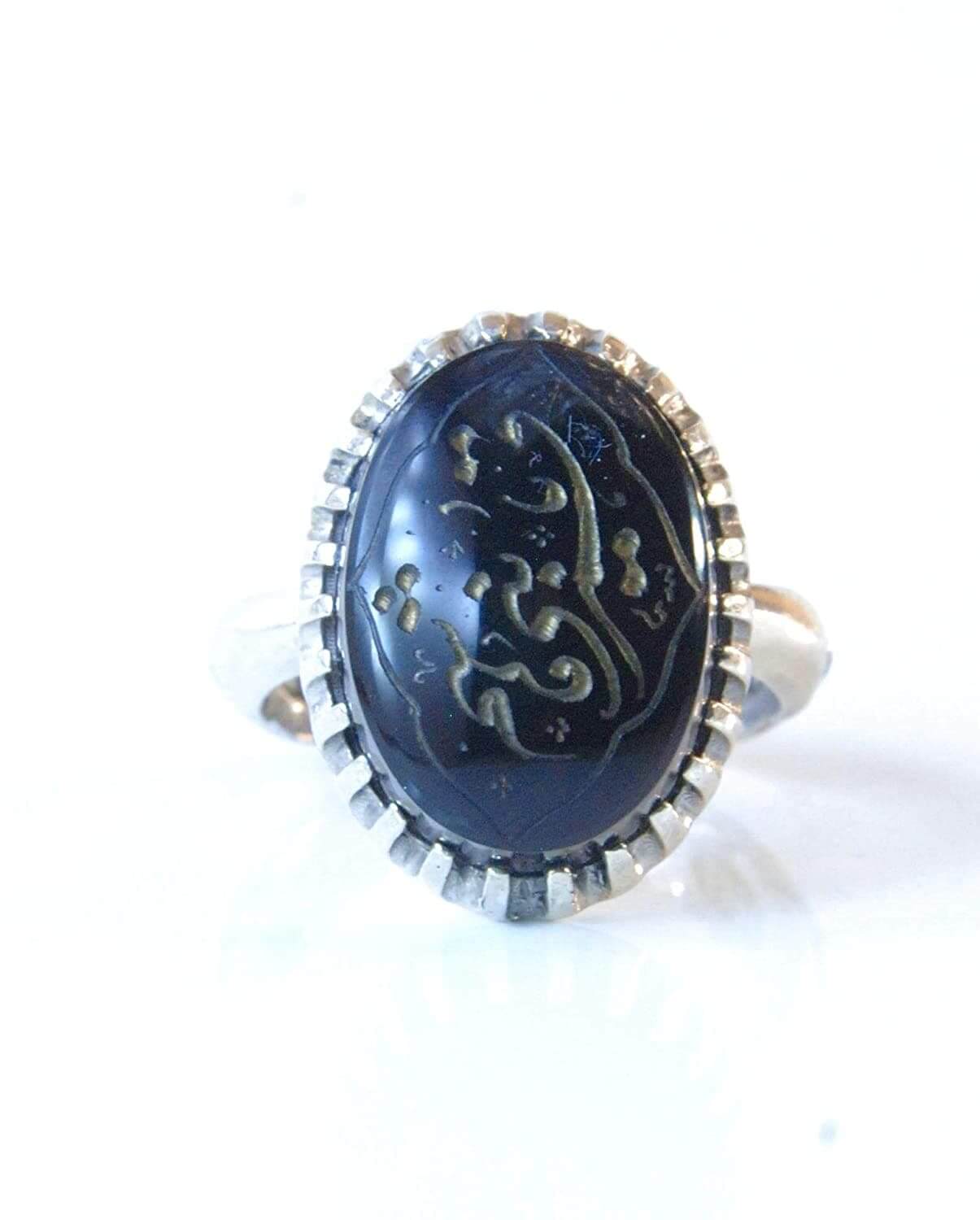 Black Aqeeq Sterling Silver Engraved Ring | Black Agate Sterling Silver Ring Engraved Ya Qamar-E-Bani Hashim يا قمر بني هاشم | US Size 10 - Al Ali Gems