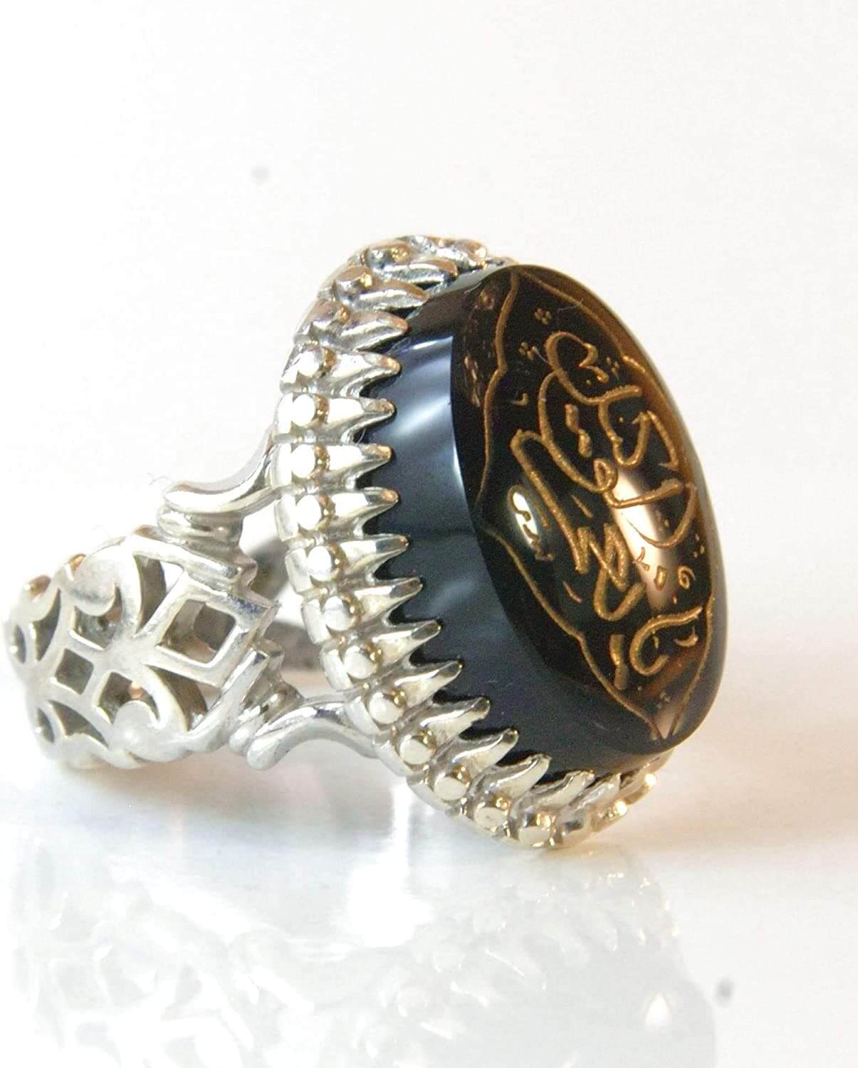 Engraved black jazaa onyx aqeeq stone ring for men | AlAliGems | Genuine Yemeni Aqeeq Ring Size 10 - Al Ali Gems