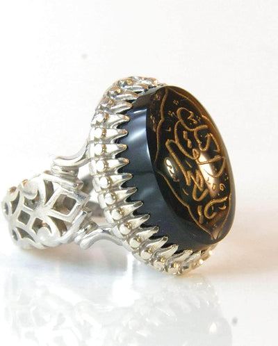 Engraved black jazaa onyx aqeeq stone ring for men | AlAliGems | Genuine Yemeni Aqeeq Ring Size 10 - Al Ali Gems
