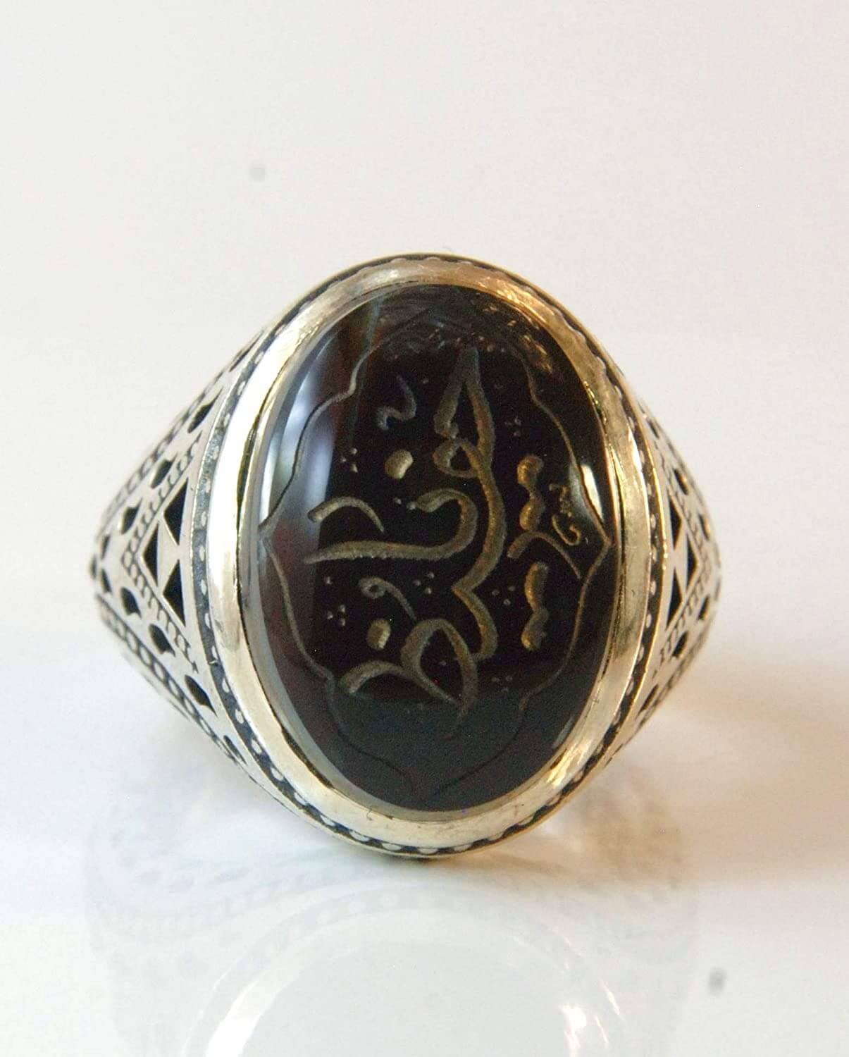 Engraved black jazaa onyx aqeeq stone ring for men | AlAliGems | Genuine Yemeni Aqeeq Ring Size 11 - Al Ali Gems