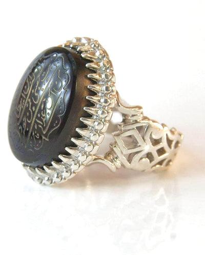 Engraved black jazaa onyx aqeeq stone ring for men | AlAliGems | Genuine Yemeni Aqeeq Ring Size 9.5 - Al Ali Gems