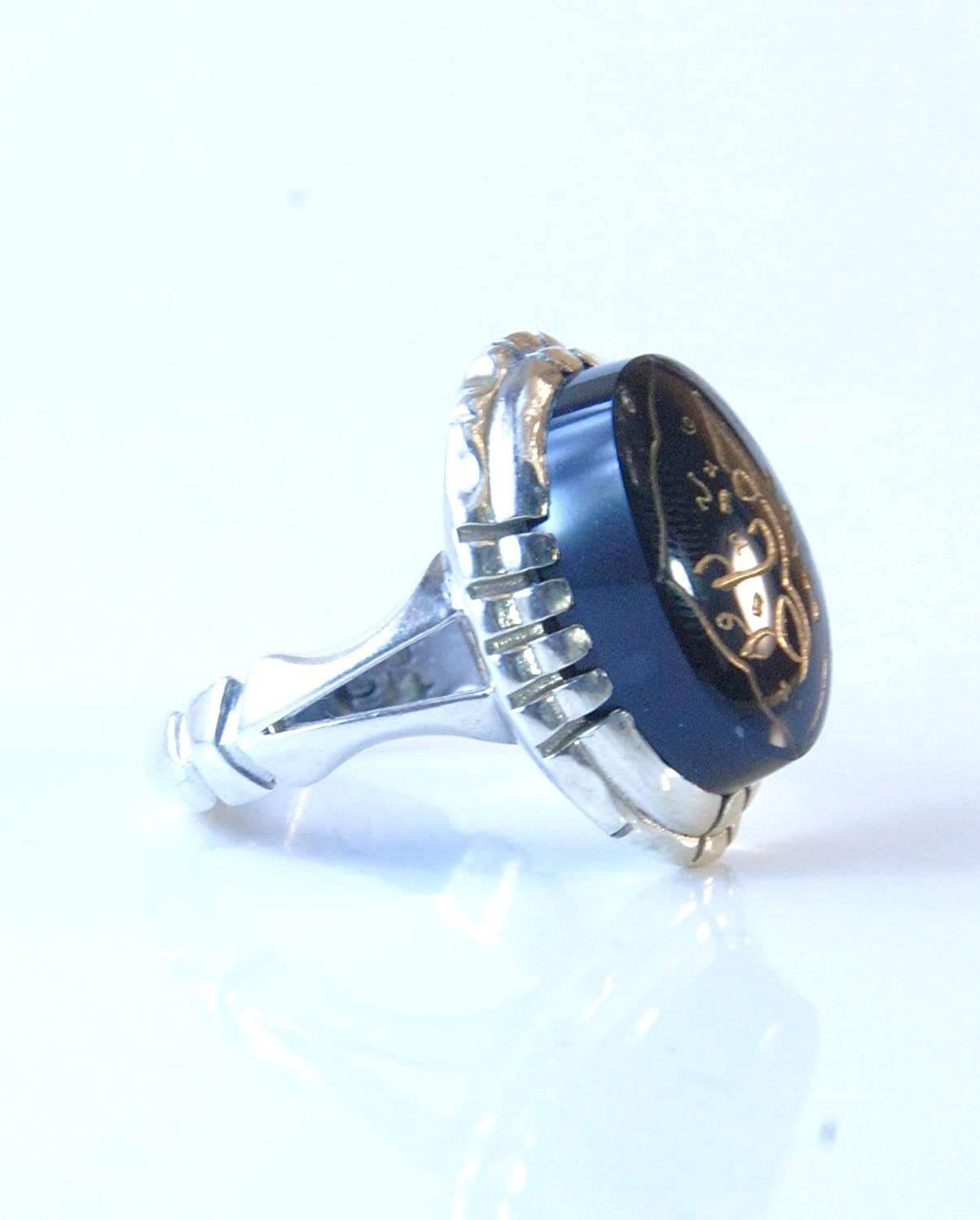 Black Aqeeq Sterling Silver Engraved Ring | Black Agate Sterling Silver Ring Engraved Al-Hafiz | US Size 9.5 - Al Ali Gems