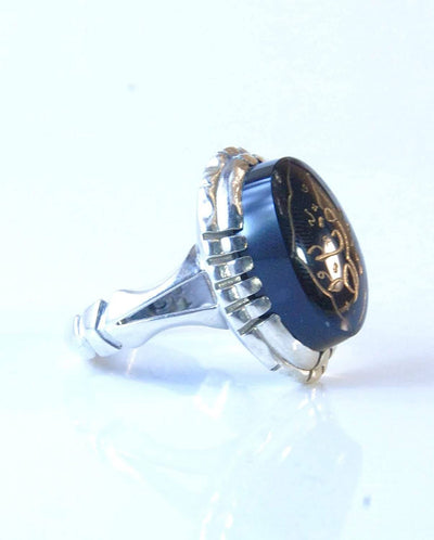 Black Aqeeq Sterling Silver Engraved Ring | Black Agate Sterling Silver Ring Engraved Al-Hafiz | US Size 9.5 - Al Ali Gems