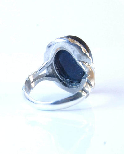 Black Aqeeq Sterling Silver Engraved Ring | Black Agate Sterling Silver Ring Engraved Al-Hafiz | US Size 9.5 - Al Ali Gems