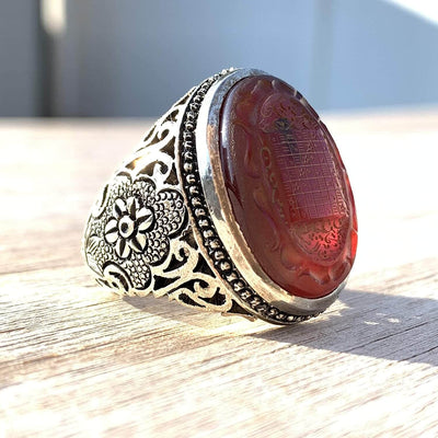 Engraved Brown Aqeeq Stone Ring For Men | Engraved Sharaf Shams Ring | AlAliGems | Yemeni Aqeeq Ring | US Size 10.5 - Al Ali Gems