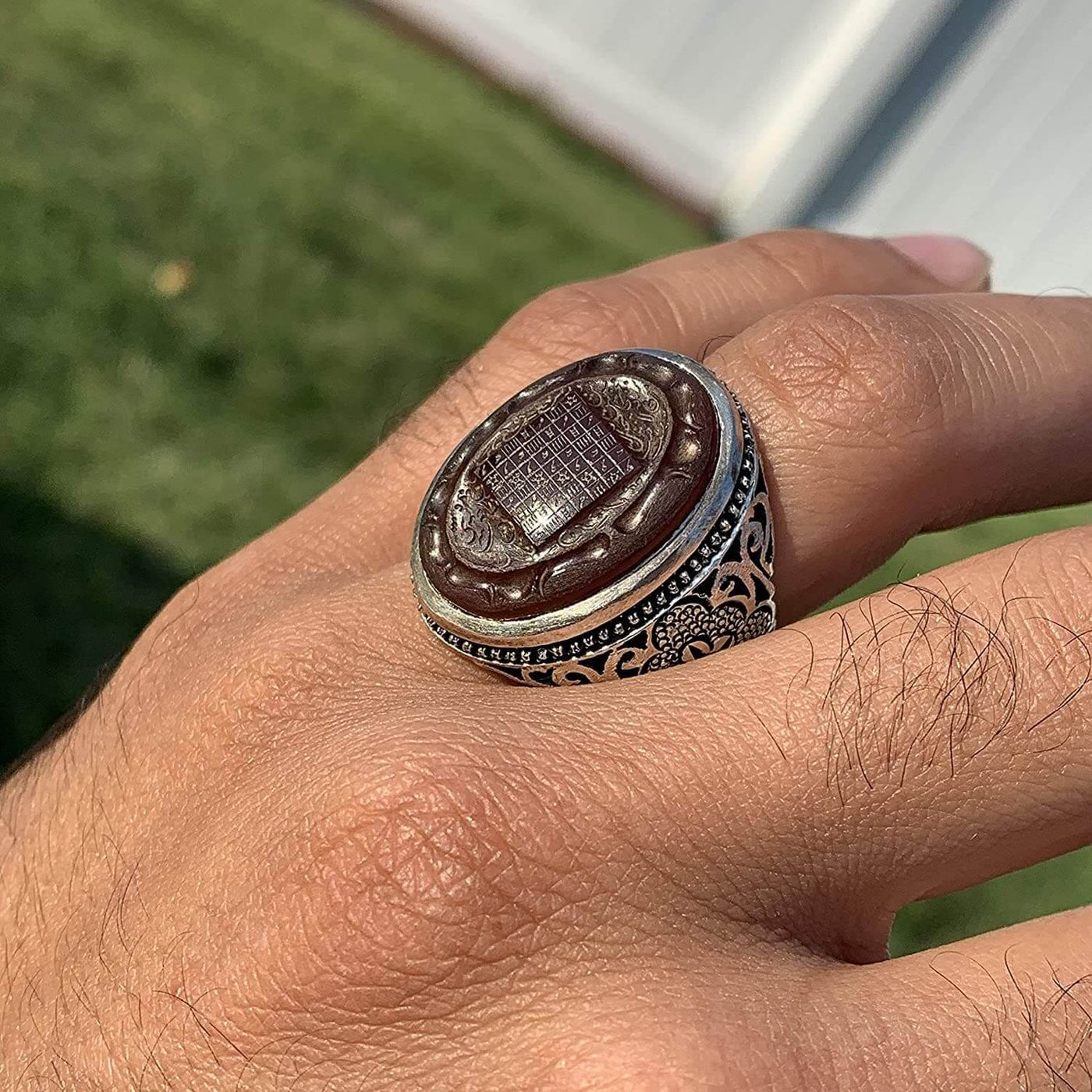 Engraved Brown Aqeeq Stone Ring For Men | Engraved Sharaf Shams Ring | AlAliGems | Yemeni Aqeeq Ring | US Size 10.5 - Al Ali Gems