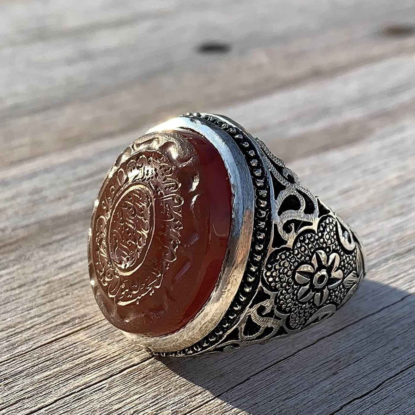 Engraved Brown Aqeeq Stone Ring For Men | Engraved Wa man yataki allah | AlAliGems | Yemeni Aqeeq Ring | US Size 12 - Al Ali Gems