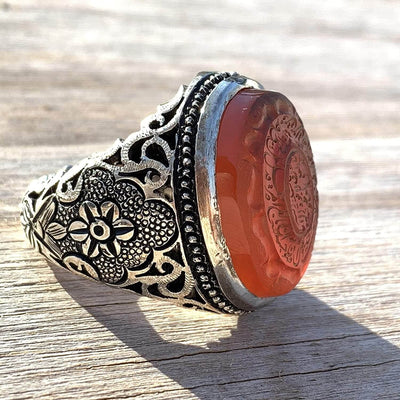 Engraved Brown Aqeeq Stone Ring For Men | Engraved Wa man yataki allah | AlAliGems | Yemeni Aqeeq Ring | US Size 12 - Al Ali Gems