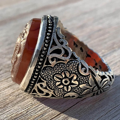 Engraved Brown Aqeeq Stone Ring For Men | Engraved Wa man yataki allah | AlAliGems | Yemeni Aqeeq Ring | US Size 12 - Al Ali Gems