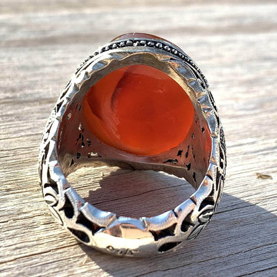 Engraved Brown Aqeeq Stone Ring For Men | Engraved Wa man yataki allah | AlAliGems | Yemeni Aqeeq Ring | US Size 12 - Al Ali Gems