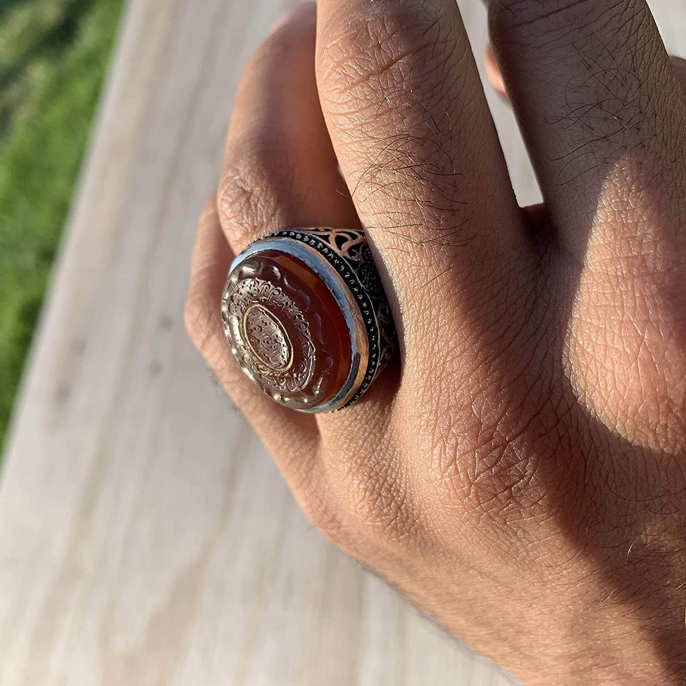 Engraved Brown Aqeeq Stone Ring For Men | Engraved Wa man yataki allah | AlAliGems | Yemeni Aqeeq Ring | US Size 12 - Al Ali Gems