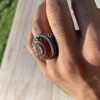 Engraved Brown Aqeeq Stone Ring For Men | Engraved Wa man yataki allah | AlAliGems | Yemeni Aqeeq Ring | US Size 12 - Al Ali Gems