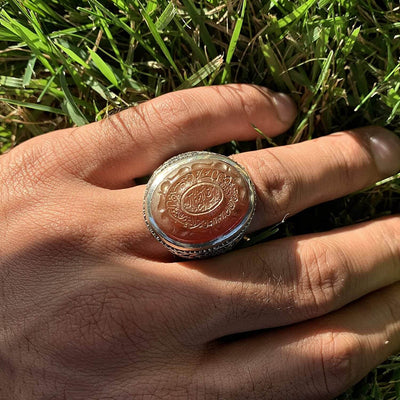 Engraved Brown Aqeeq Stone Ring For Men | Engraved Wa man yataki allah | AlAliGems | Yemeni Aqeeq Ring | US Size 12 - Al Ali Gems
