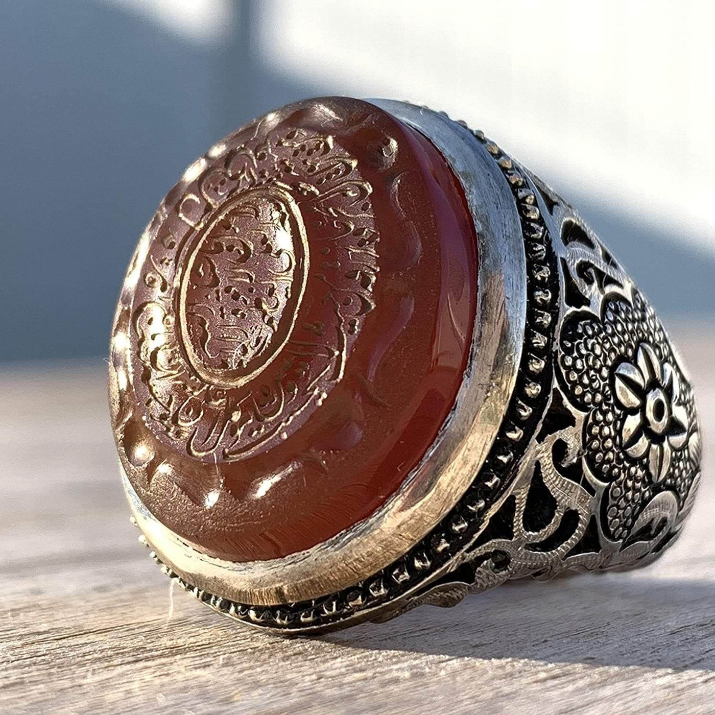 Engraved Brown Aqeeq Stone Ring For Men | Engraved Wa man yataki allah | AlAliGems | Yemeni Aqeeq Ring | US Size 12 - Al Ali Gems