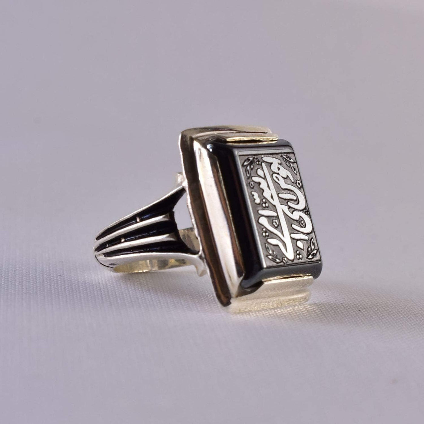 Engraved Hadeed Chini Hadeed Sini Ring For men | Hematite Ring Jewelry | 925 Silver US Size 7 | افوض امری الی الله | ufawwidu amri ilallah - Al Ali Gems