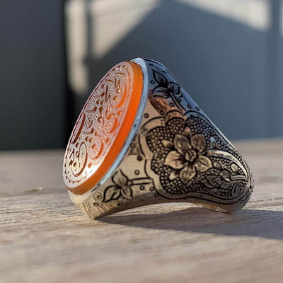 Engraved Orange Aqeeq Stone Ring For Men | Engraved Ya Babul Hawaij Ya Musa Bin Jaafar | Yemeni Aqeeq Ring | US Size 11 - Al Ali Gems
