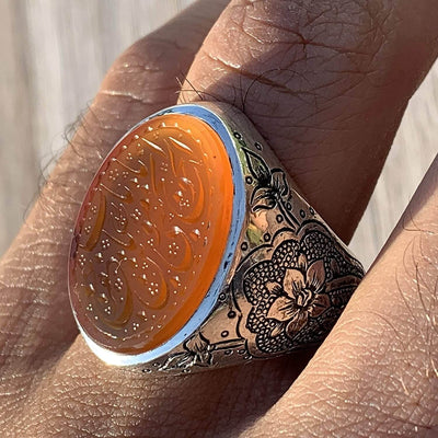 Engraved Orange Aqeeq Stone Ring For Men | Engraved Ya Babul Hawaij Ya Musa Bin Jaafar | Yemeni Aqeeq Ring | US Size 11 - Al Ali Gems