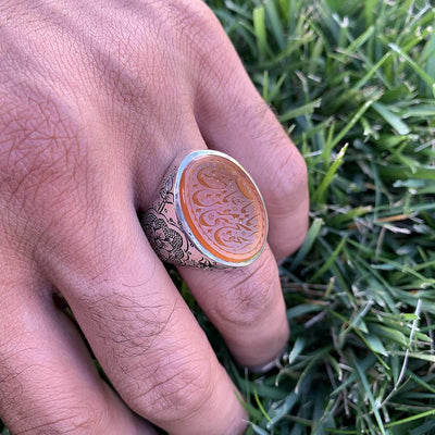 Engraved Orange Aqeeq Stone Ring For Men | Engraved Ya Babul Hawaij Ya Musa Bin Jaafar | Yemeni Aqeeq Ring | US Size 11 - Al Ali Gems