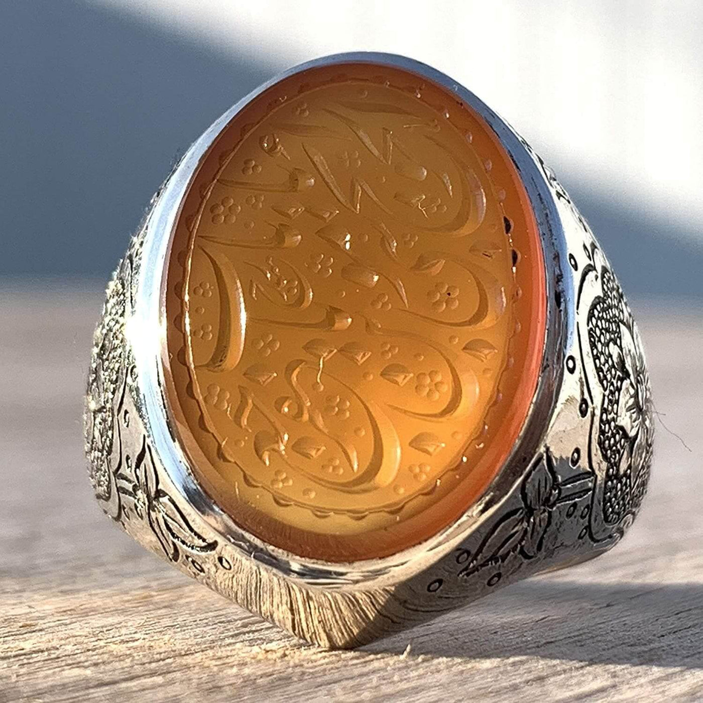 Engraved Orange Aqeeq Stone Ring For Men | Engraved Ya Babul Hawaij Ya Musa Bin Jaafar | Yemeni Aqeeq Ring | US Size 11 - Al Ali Gems