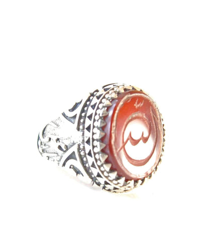 Engraved Yemeni Aqeeq Ring Men | Dark Red Kabadi Aqeeq | AlAliGems | Silver Ring Size 10.75 - Al Ali Gems