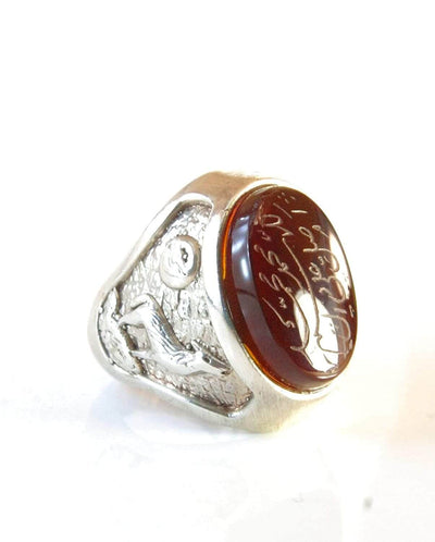 Engraved Yemeni Aqeeq Ring Men | Dark Red Kabadi Aqeeq | AlAliGems | Silver Ring Size 11 - Al Ali Gems