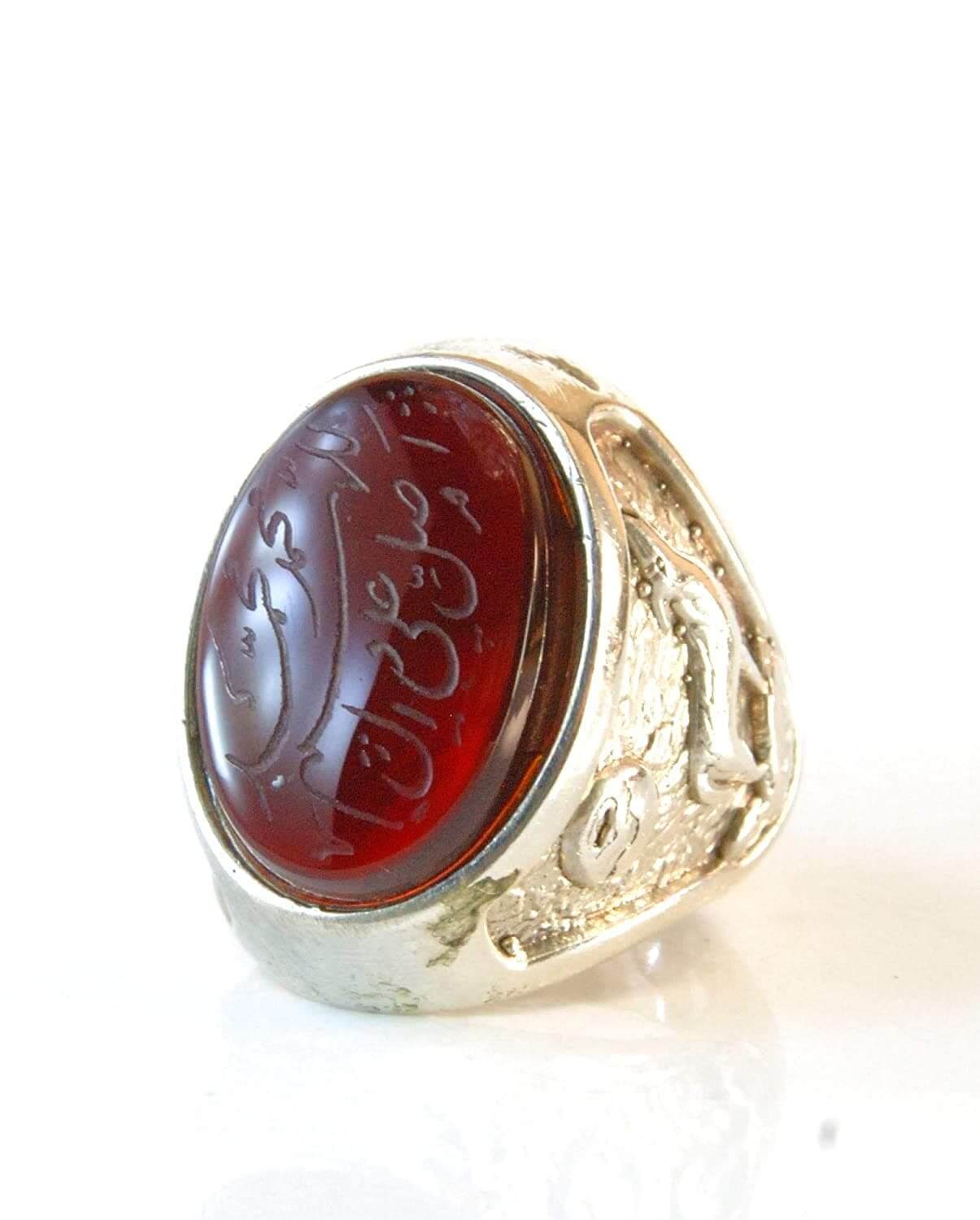Engraved Yemeni Aqeeq Ring Men | Dark Red Kabadi Aqeeq | AlAliGems | Silver Ring Size 11 - Al Ali Gems