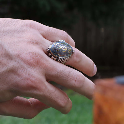 Silver Hadeed e Chini Ring | Hadeed Cheeni Stone Engraved Wth Ahlul Bayt / Panjtan Names Allah, Muhammed, Ali, Fatime, Hassan, Hussain | Handmade Silver Ring | US Size 12.5 - AlAliGems