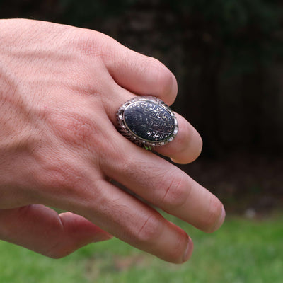 Silver Hadeed e Chini Ring | Hadeed Cheeni Stone Engraved With Nad e Ali | Handmade Silver Ring | US Size 11 - AlAliGems