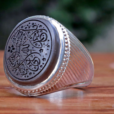 Silver Hadeed e Chini Ring | Hadeed Cheeni Stone Engraved Wth Ahlul Bayt / Panjtan Names Allah, Muhammed, Ali, Fatime, Hassan, Hussain | Handmade Silver Ring | US Size 11 - AlAliGems