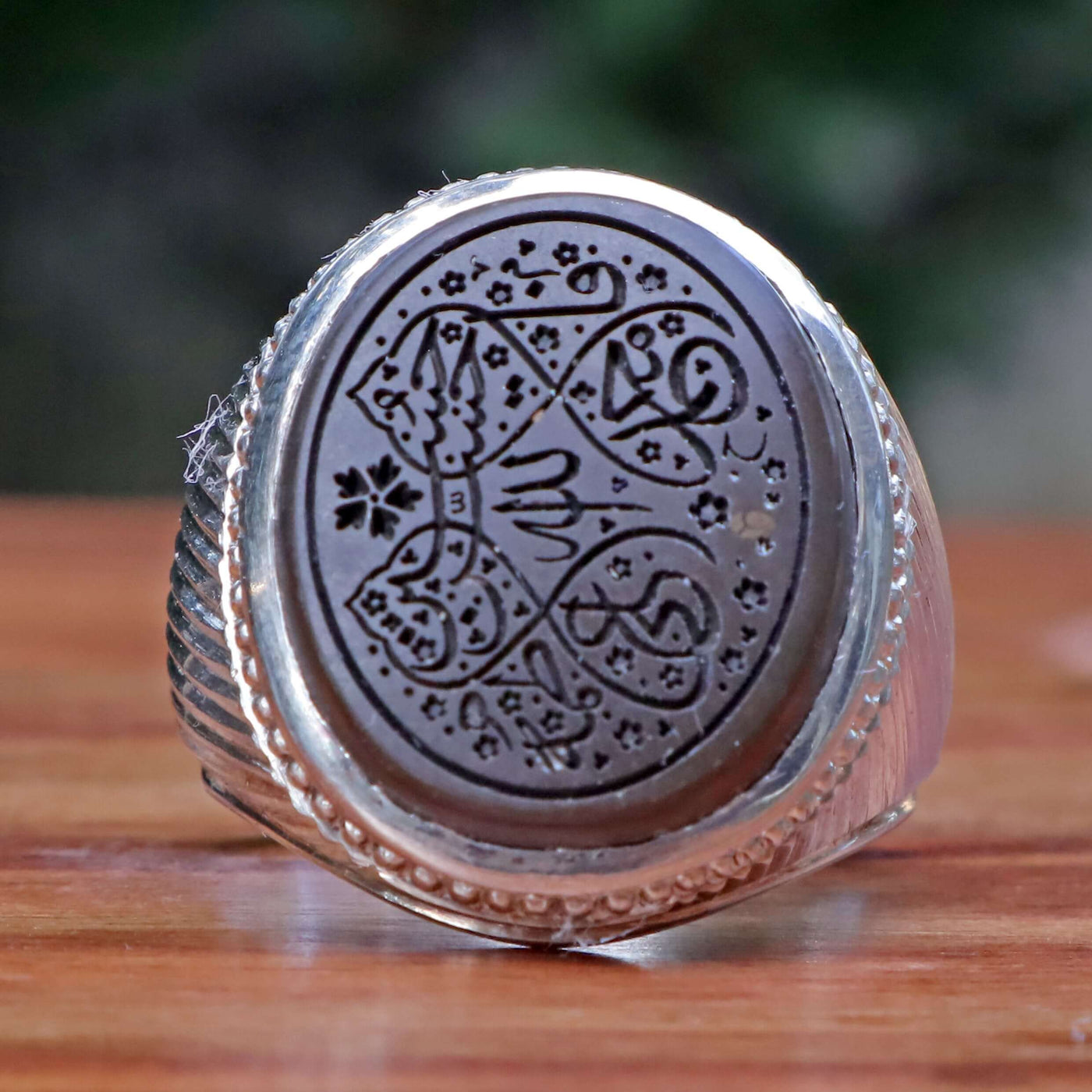 Silver Hadeed e Chini Ring | Hadeed Cheeni Stone Engraved Wth Ahlul Bayt / Panjtan Names Allah, Muhammed, Ali, Fatime, Hassan, Hussain | Handmade Silver Ring | US Size 11 - AlAliGems