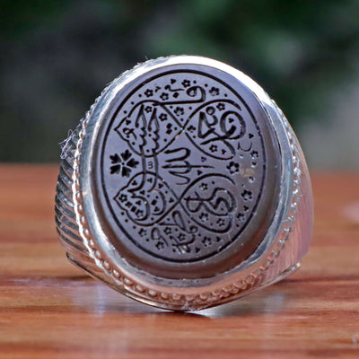 Silver Hadeed e Chini Ring | Hadeed Cheeni Stone Engraved Wth Ahlul Bayt / Panjtan Names Allah, Muhammed, Ali, Fatime, Hassan, Hussain | Handmade Silver Ring | US Size 11 - AlAliGems