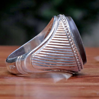 Silver Hadeed e Chini Ring | Hadeed Cheeni Stone Engraved Wth Ahlul Bayt / Panjtan Names Allah, Muhammed, Ali, Fatime, Hassan, Hussain | Handmade Silver Ring | US Size 11 - AlAliGems