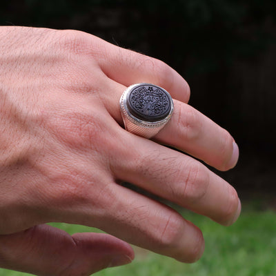 Silver Hadeed e Chini Ring | Hadeed Cheeni Stone Engraved Wth Ahlul Bayt / Panjtan Names Allah, Muhammed, Ali, Fatime, Hassan, Hussain | Handmade Silver Ring | US Size 11 - AlAliGems