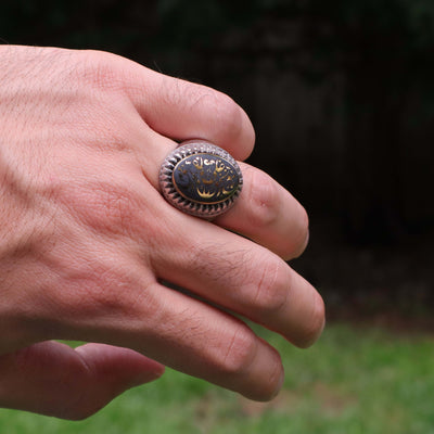 Silver Hadeed e Chini Ring | Hadeed Cheeni Stone Engraved Ali ma al haq wa al haq ma Ali | Handmade Silver Ring | US Size 11 - AlAliGems