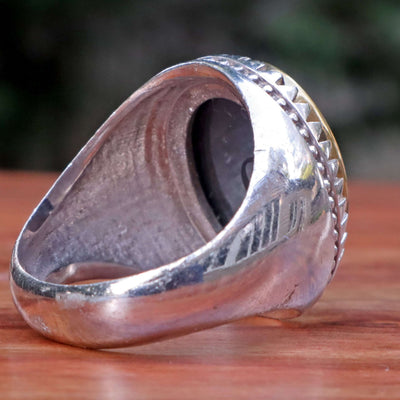Silver Hadeed e Chini Ring | Hadeed Cheeni Stone Engraved With Assalamu alal Hussain Wa Ali Ibnel Hussain Wa ala awlad al Hussain Wa ala ashab al Hussain | Handmade Silver Ring | US Size 11 - AlAliGems