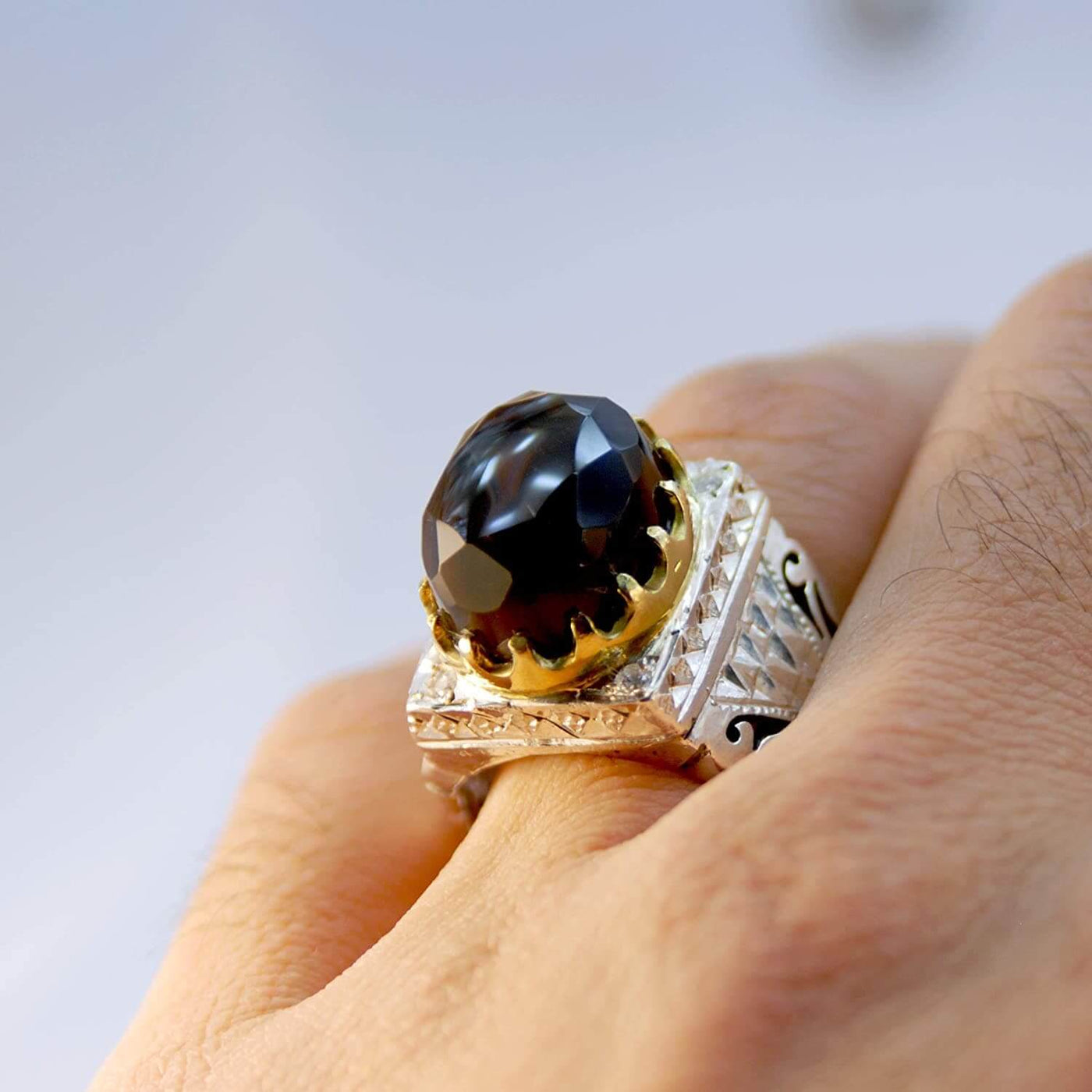 Handmade Sterling Silver Black Onyx (El Jaza) & Moissanite Ring | US Size 9.5 - Al Ali Gems
