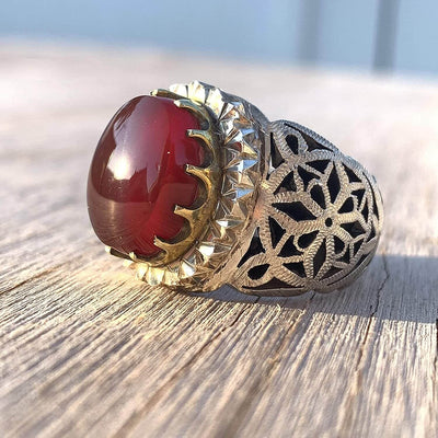 Handmade Agate Ring | AlAliGems | Red Aqeeq Akik | Sterling Silver 925 | US Size 11 - Al Ali Gems