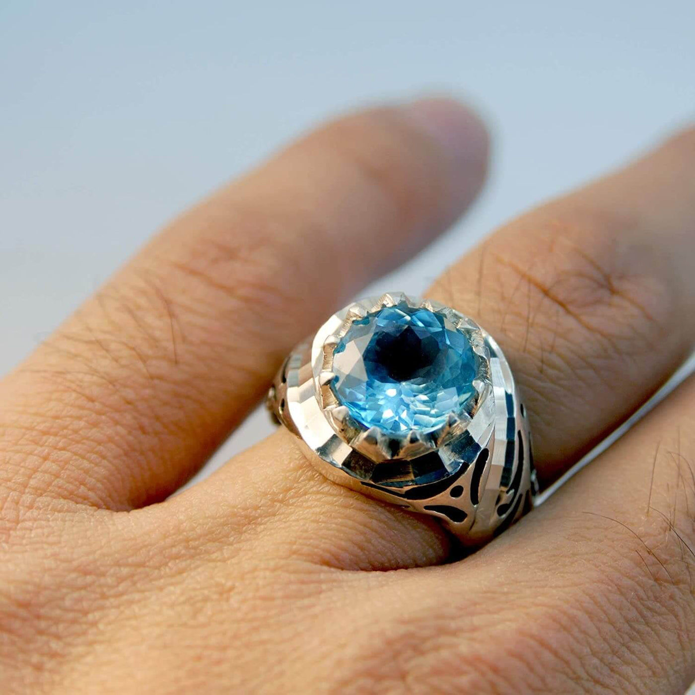 Handmade Sterling Silver Persian London Blue Topaz Ring | US Size 10 - Al Ali Gems