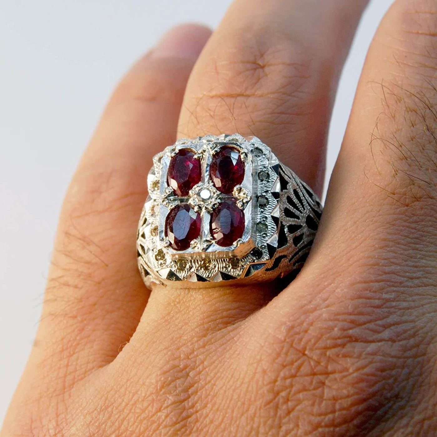 Handmade Persian Ring | Mens Ruby Rings | ruby rings for men with 16 diamonds | Ruby mens ring silver rings for men US SIZE 11 - Al Ali Gems