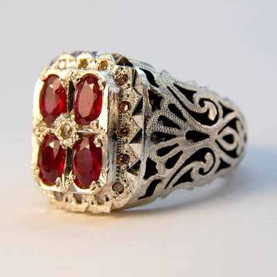 Handmade Persian Ring | Mens Ruby Rings | ruby rings for men with 16 diamonds | Ruby mens ring silver rings for men US SIZE 11 - Al Ali Gems
