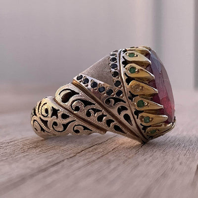 HANDMADE PERSIAN VINTAGE RUBY & EMERALD RING | US SIZE 10 - Al Ali Gems