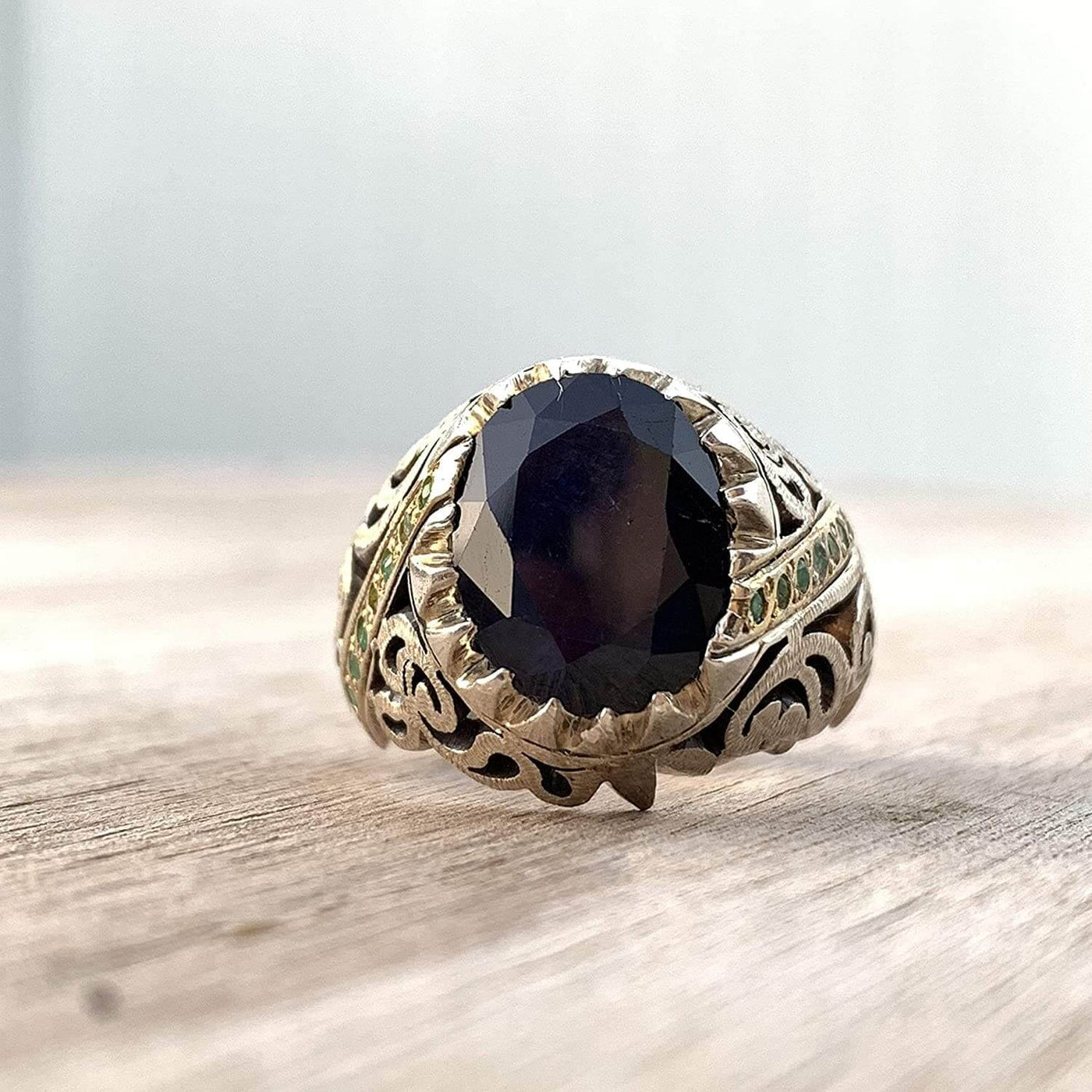 Handmade Silver Ring For Men | Sapphire Rings | AlAliGems | Neelam Ring And Emerald | Fully Hand Hammered Size 10 - Al Ali Gems