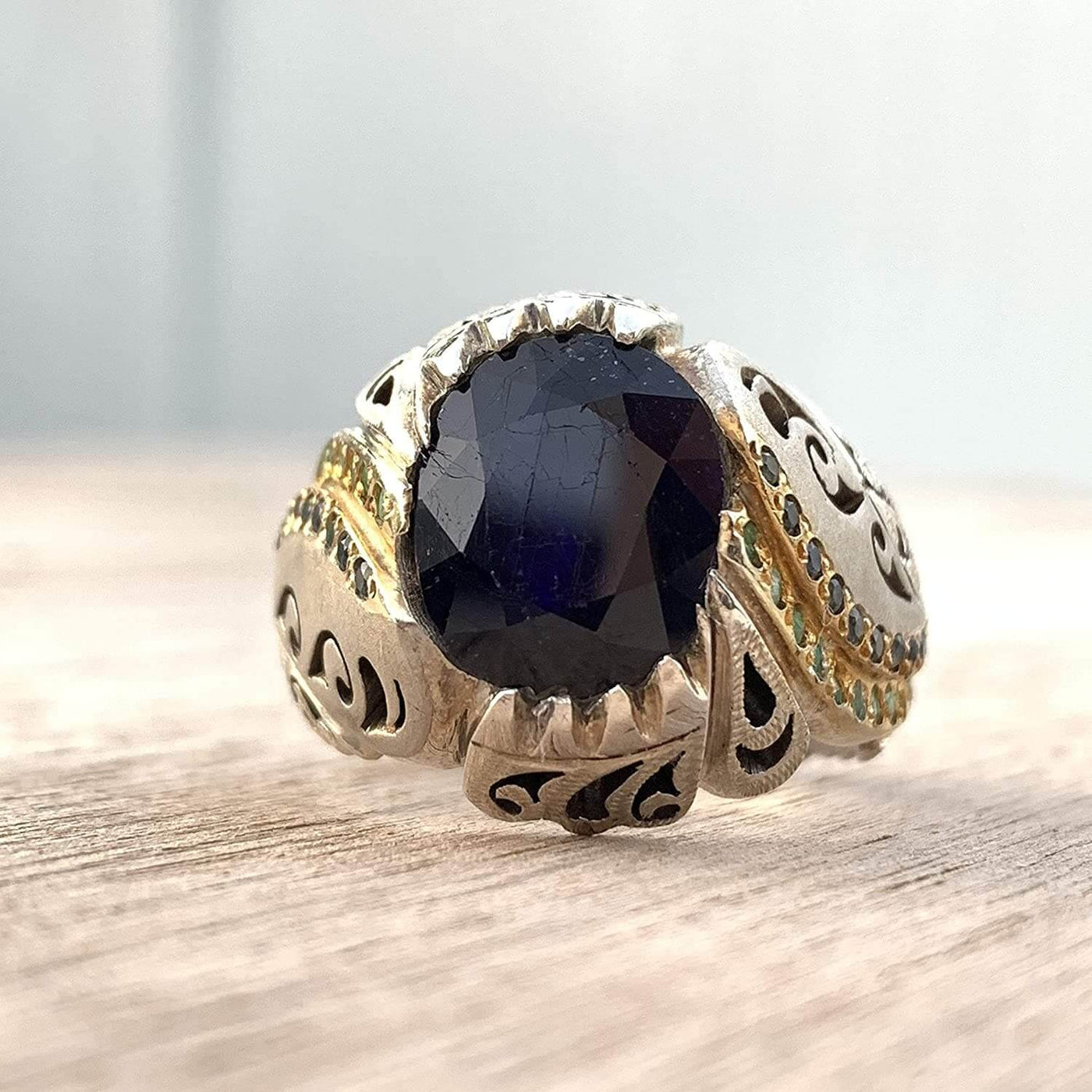 Handmade Sterling Silver Sapphire & Emerald Ring | US Size 10 - Al Ali Gems