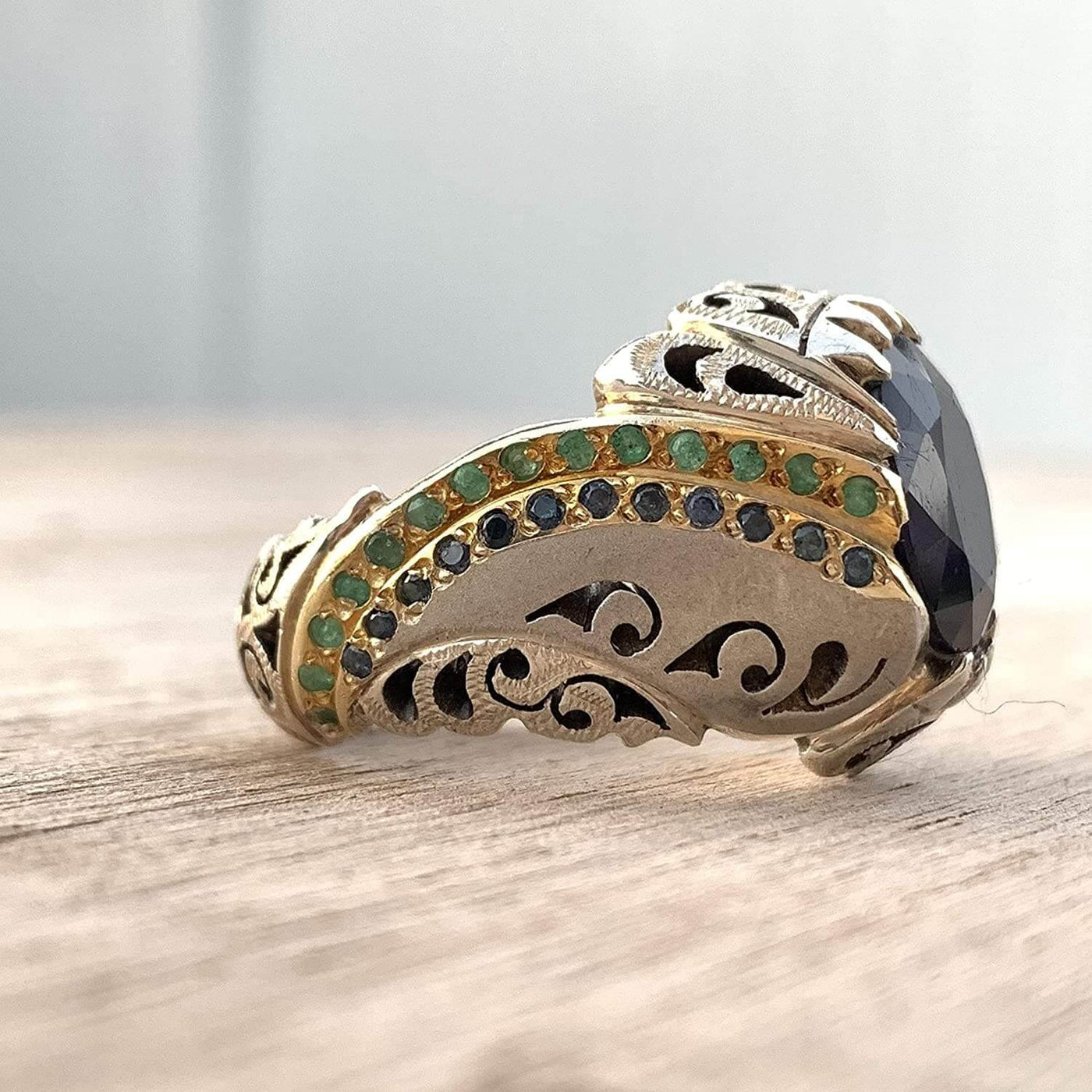Handmade Sterling Silver Sapphire & Emerald Ring | US Size 10 - Al Ali Gems