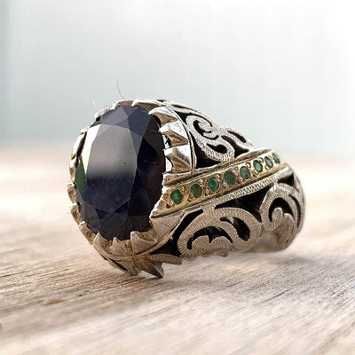Handmade Silver Ring For Men | Sapphire Rings | AlAliGems | Neelam Ring And Emerald | Fully Hand Hammered Size 10 - Al Ali Gems