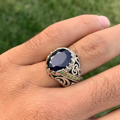 Handmade Silver Ring For Men | Sapphire Rings | AlAliGems | Neelam Ring And Emerald | Fully Hand Hammered Size 10 - Al Ali Gems