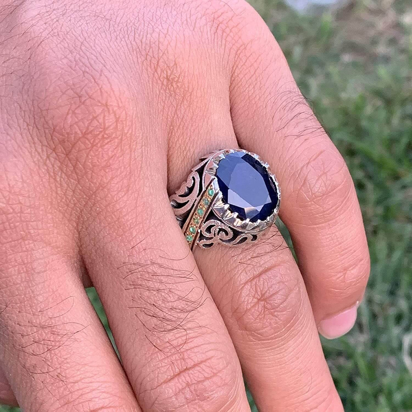 Handmade Silver Ring For Men | Sapphire Rings | AlAliGems | Neelam Ring And Emerald | Fully Hand Hammered Size 10 - Al Ali Gems