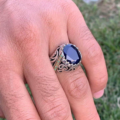 Handmade Silver Ring For Men | Sapphire Rings | AlAliGems | Neelam Ring And Emerald | Fully Hand Hammered Size 10 - Al Ali Gems