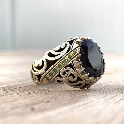 Handmade Silver Ring For Men | Sapphire Rings | AlAliGems | Neelam Ring And Emerald | Fully Hand Hammered Size 10 - Al Ali Gems